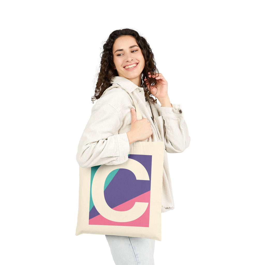 Initial C Colorblock Canvas Tote Bag — Monogram Letter C Reusable Grocery Tote