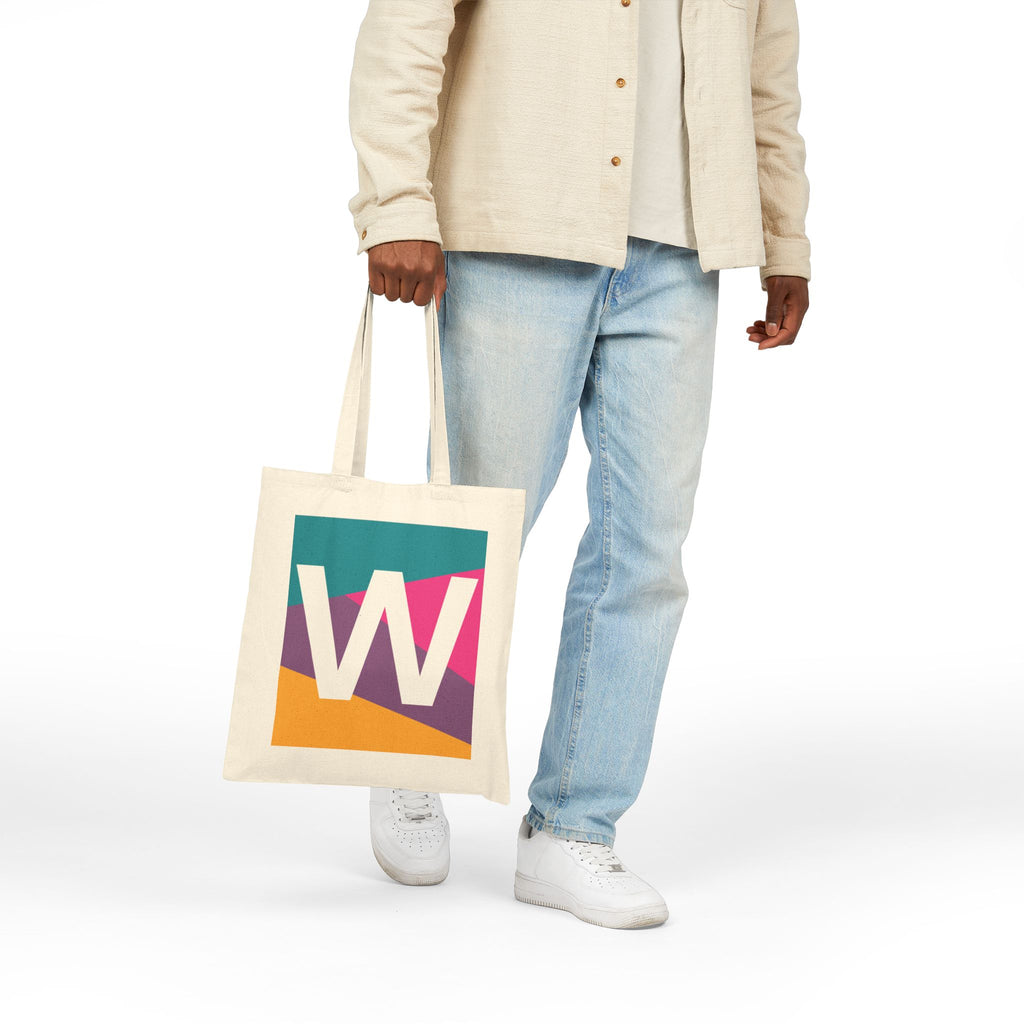 Initial W Colorblock Canvas Tote Bag — Monogram Letter W Reusable Grocery Tote