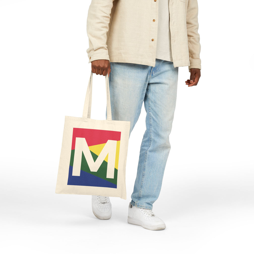 Initial M Colorblock Canvas Tote Bag — Monogram Letter M Reusable Grocery Tote
