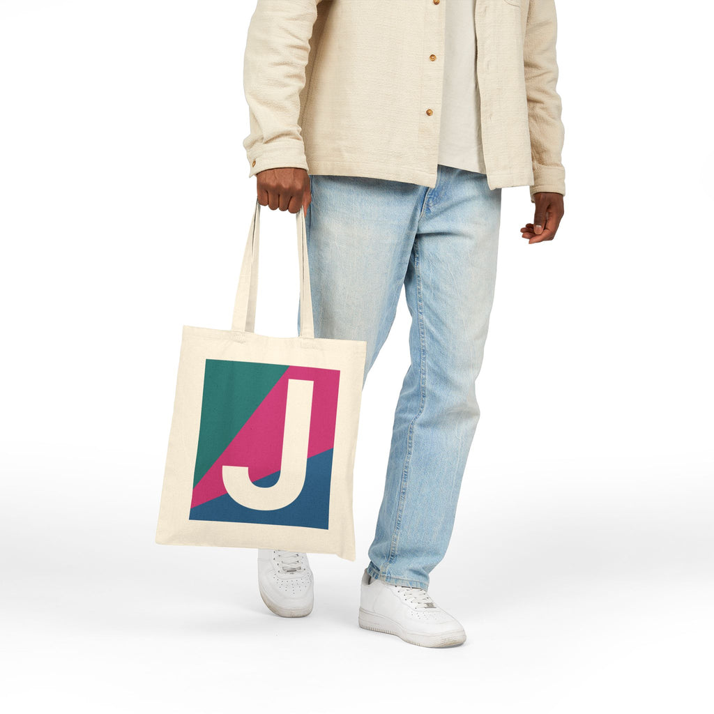 Initial J Colorblock Canvas Tote Bag — Monogram Letter J Reusable Grocery Tote