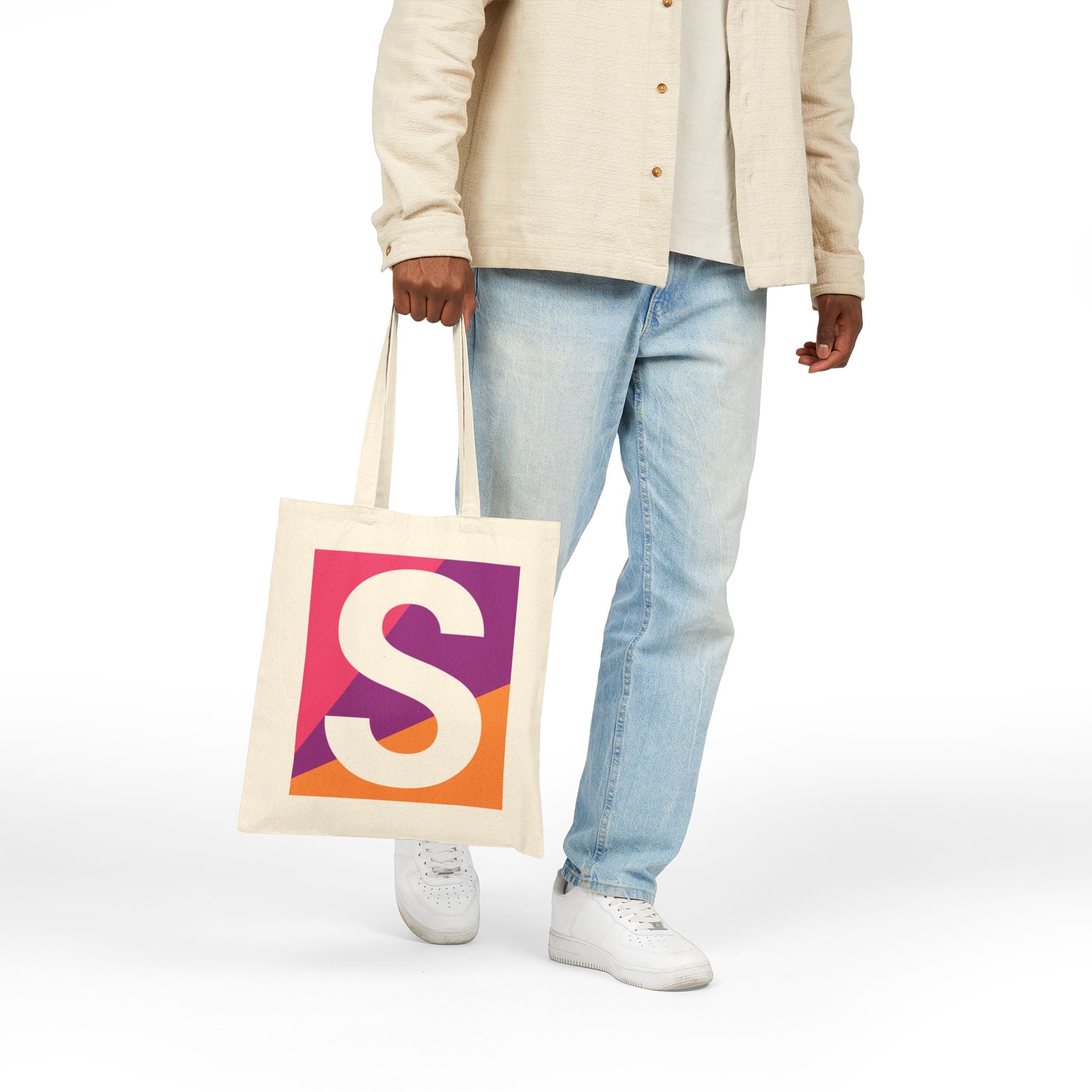 Initial S Colorblock Canvas Tote Bag — Monogram Letter S Reusable Grocery Tote