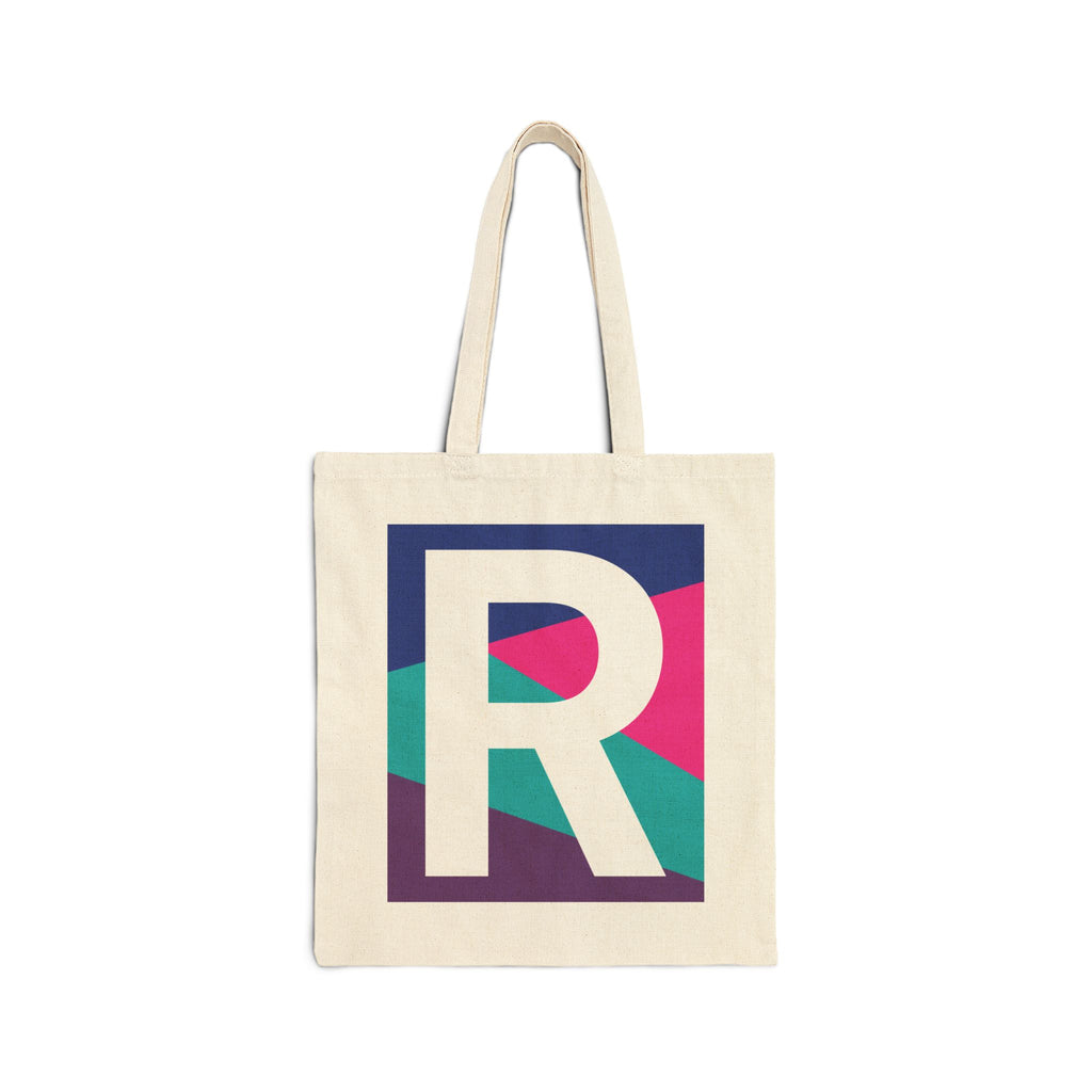 Initial R Colorblock Canvas Tote Bag — Monogram Letter R Reusable Grocery Tote