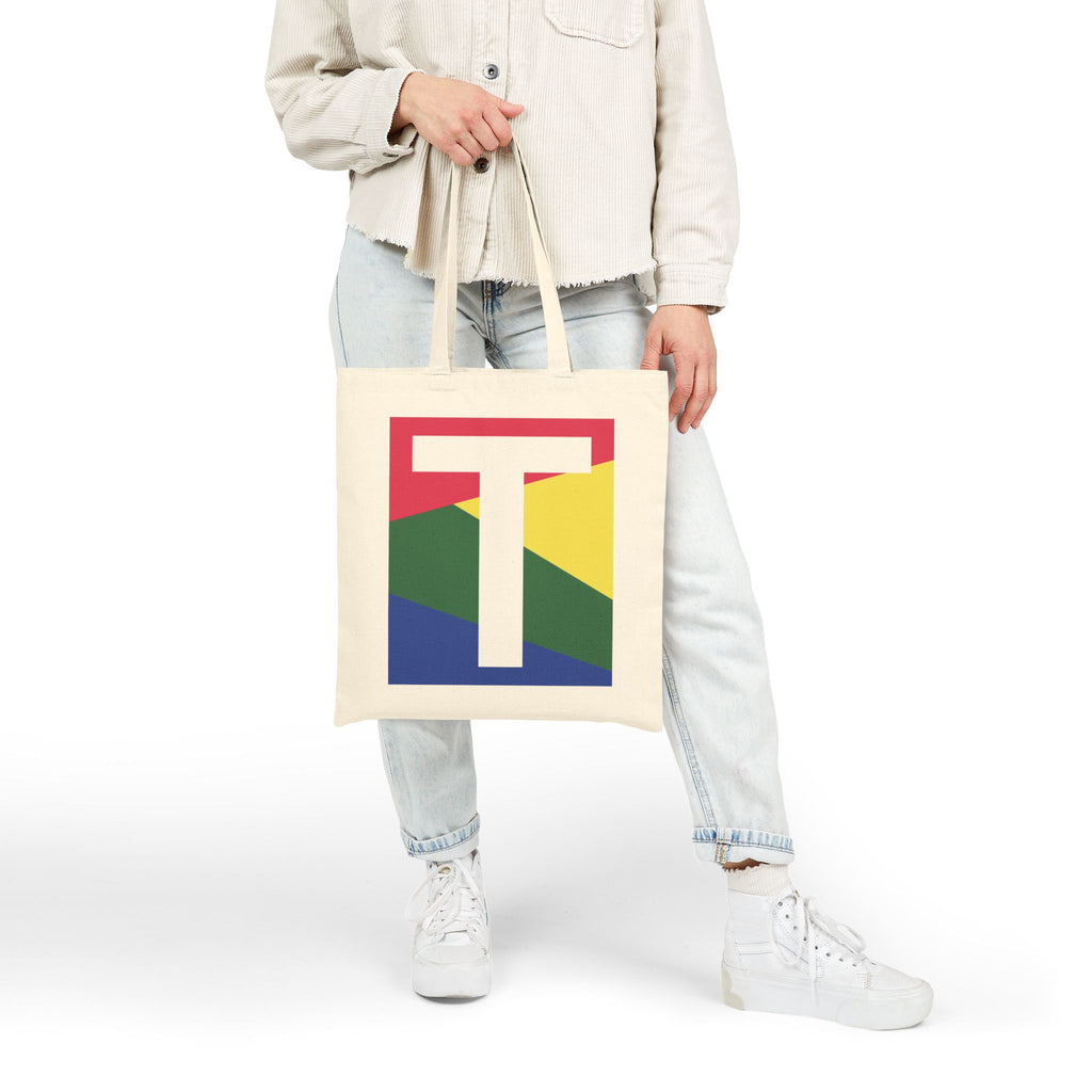 Initial T Colorblock Canvas Tote Bag — Monogram Letter T Reusable Grocery Tote