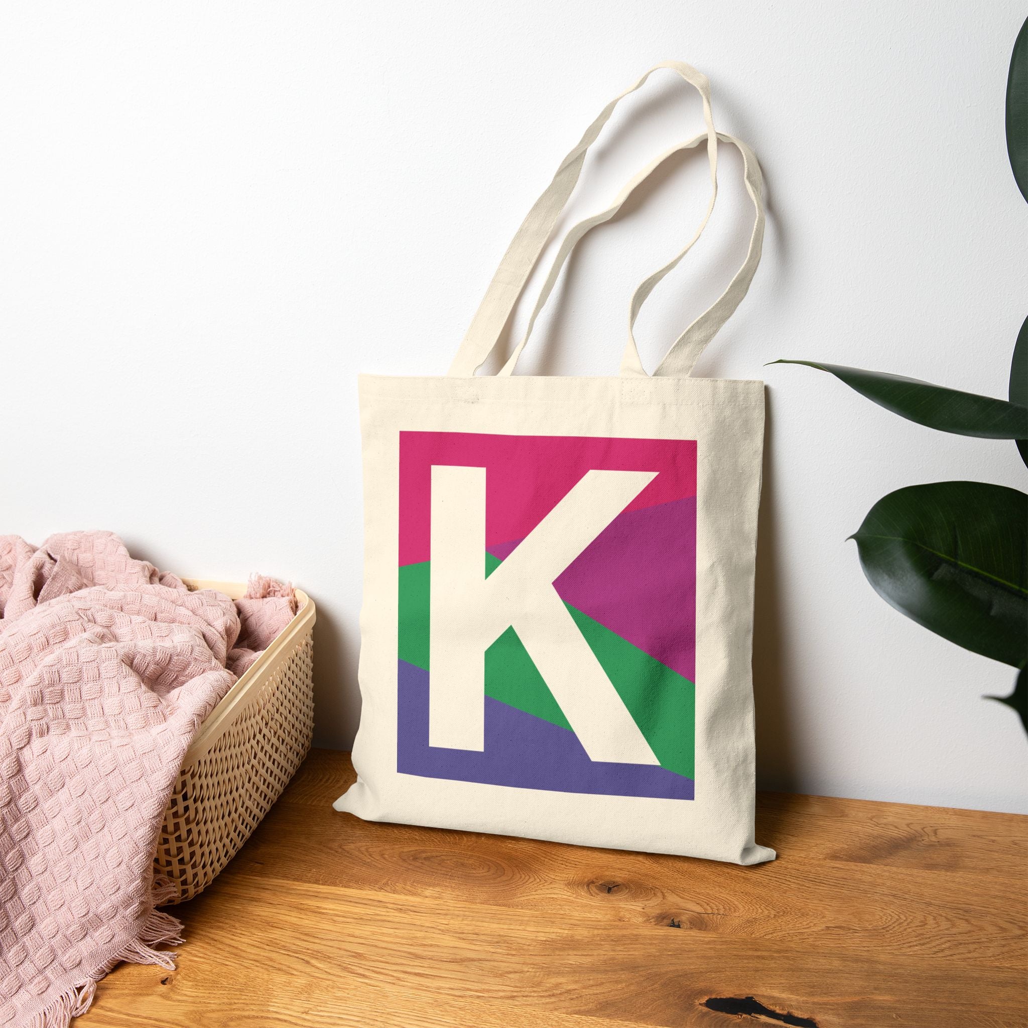Initial K Colorblock Canvas Tote Bag — Monogram Letter K Reusable Grocery Tote