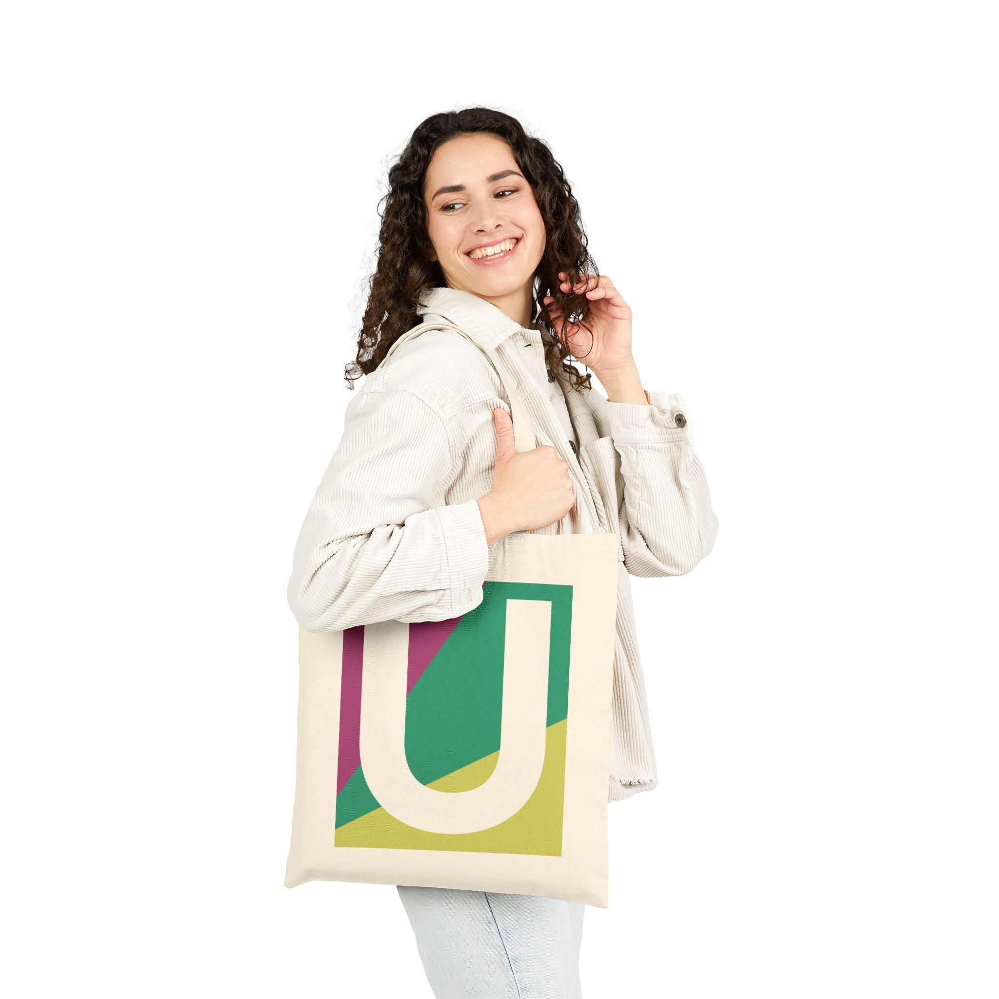 Initial U Colorblock Canvas Tote Bag — Monogram Letter U Reusable Grocery Tote