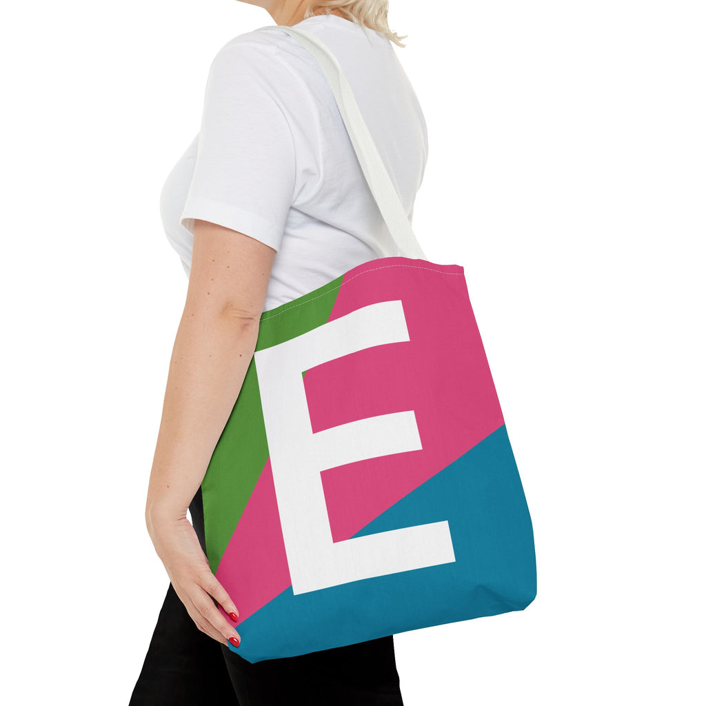 Monogram 'E' Colorblock Tote Bag — Personalized Initial E Shoulder Tote