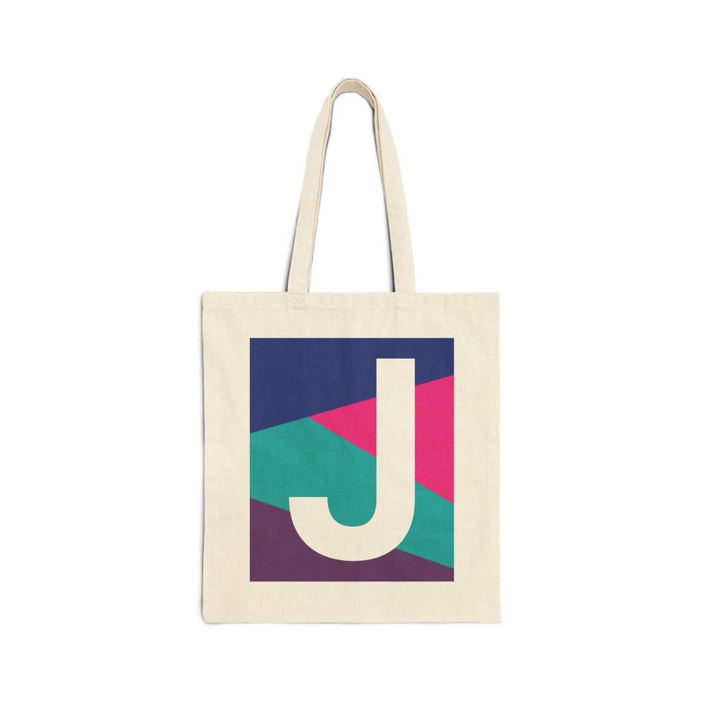 Initial J Colorblock Canvas Tote Bag — Monogram Letter J Reusable Grocery Tote