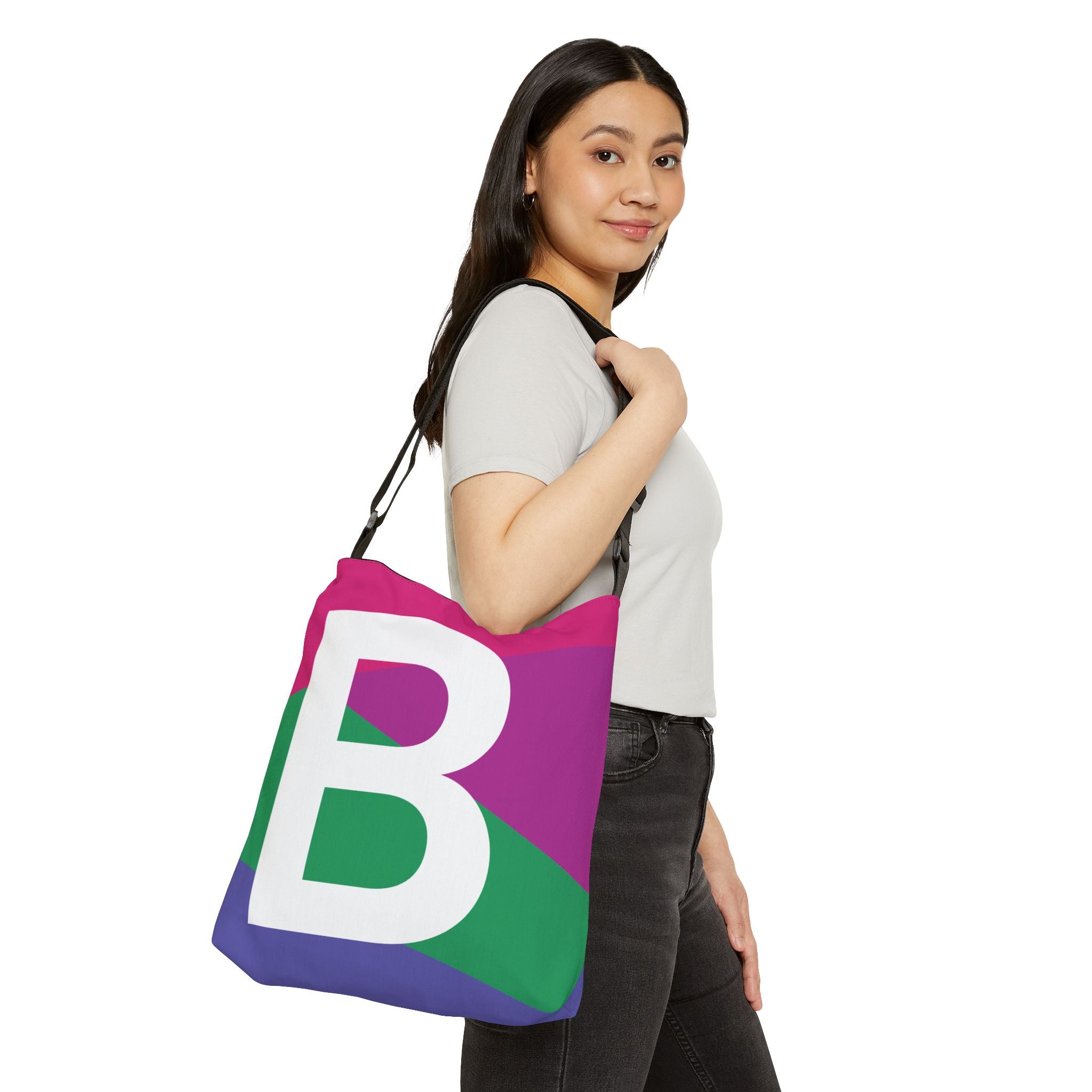 Initial Letter 'B' Colorblock Adjustable Tote Bag — Monogram Alphabet Shoulder Bag