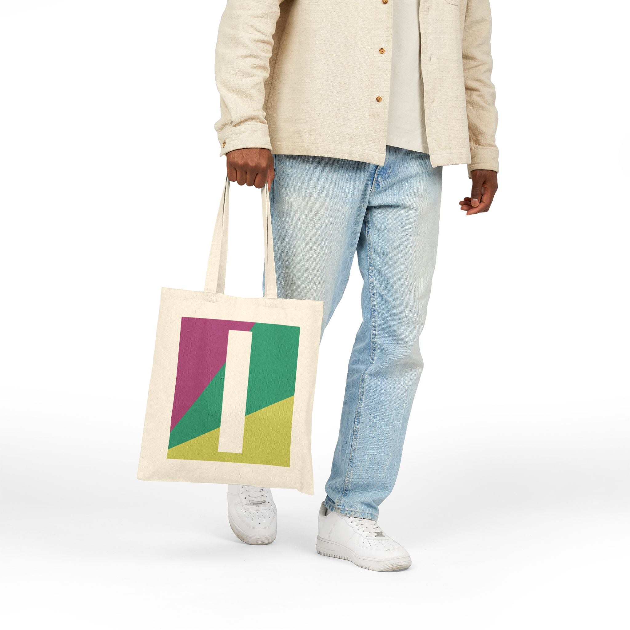 Initial I Colorblock Canvas Tote Bag — Monogram Letter I Reusable Grocery Tote