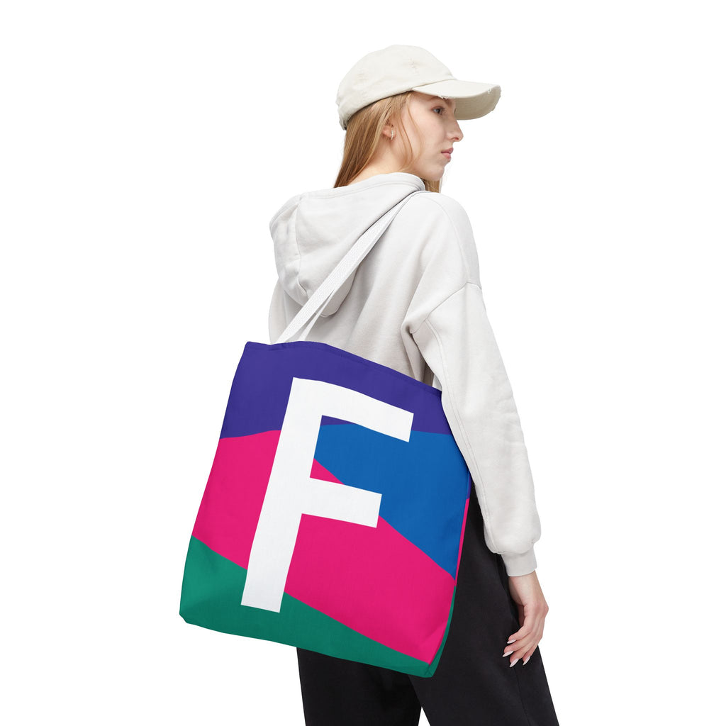 Monogram 'F' Colorblock Tote Bag — Personalized Initial F Shoulder Tote