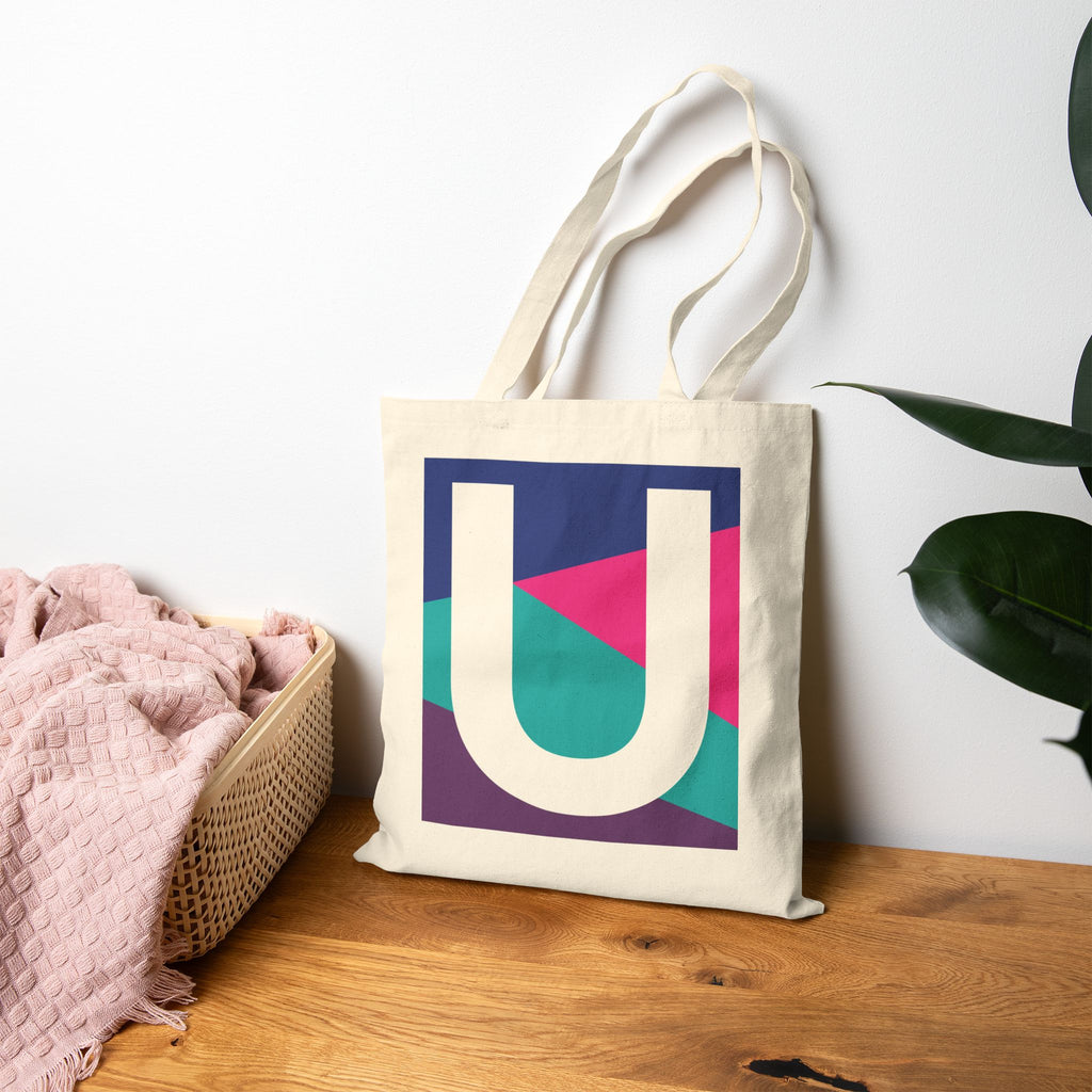 Initial U Colorblock Canvas Tote Bag — Monogram Letter U Reusable Grocery Tote