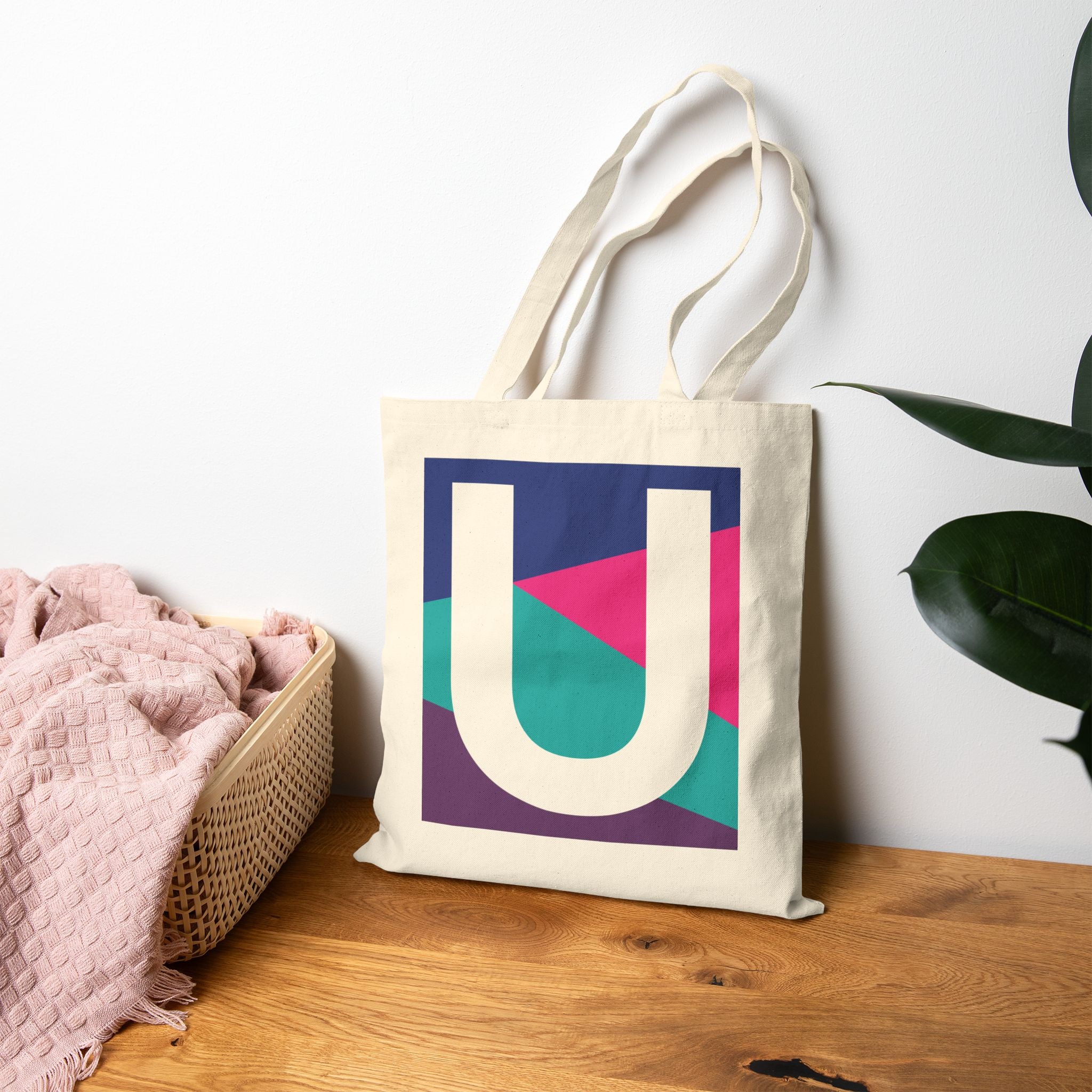 Initial U Colorblock Canvas Tote Bag — Monogram Letter U Reusable Grocery Tote