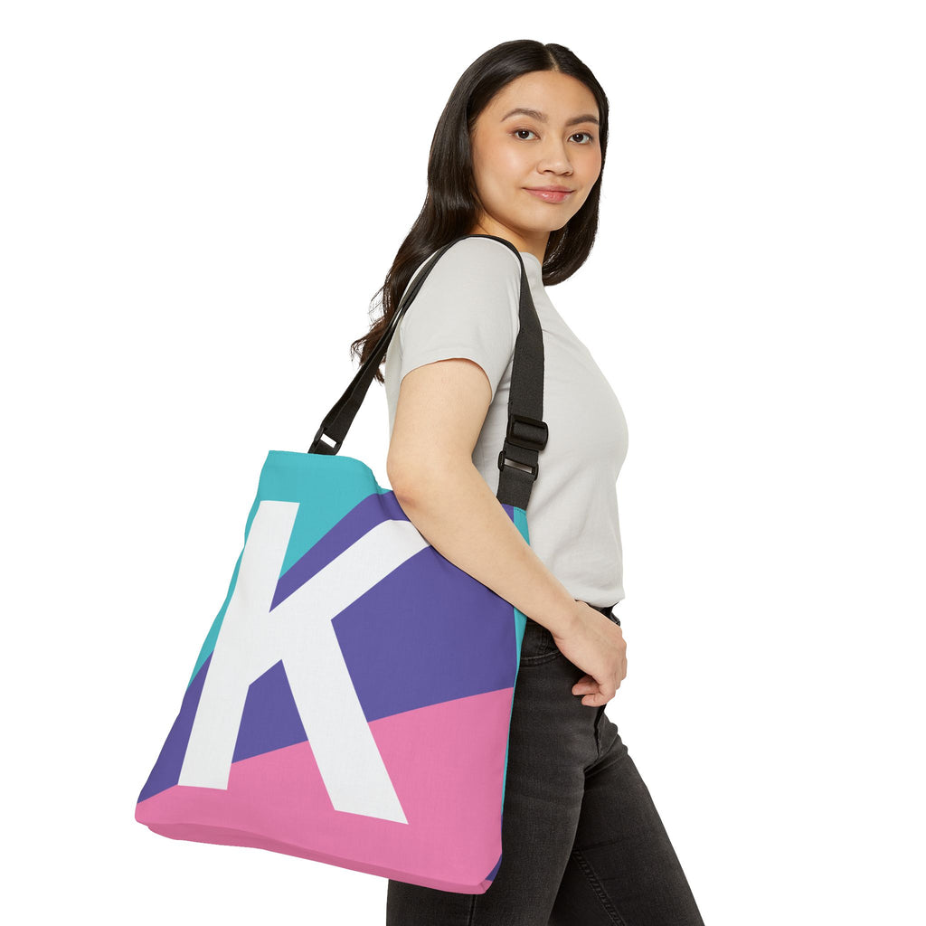 Initial Letter 'K' Colorblock Adjustable Tote Bag — Monogram Alphabet Shoulder Bag