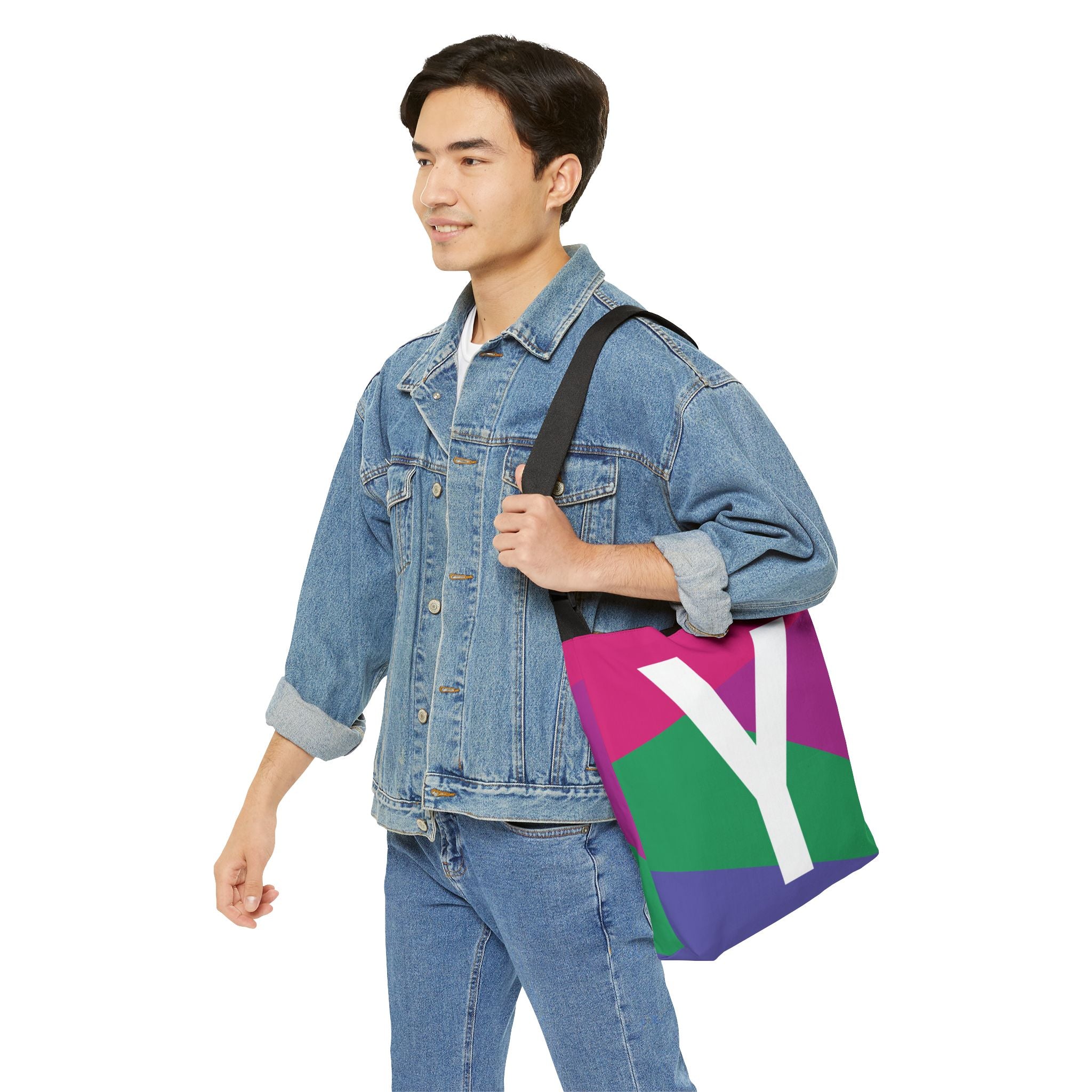 Initial Letter 'Y' Colorblock Adjustable Tote Bag — Monogram Alphabet Shoulder Bag
