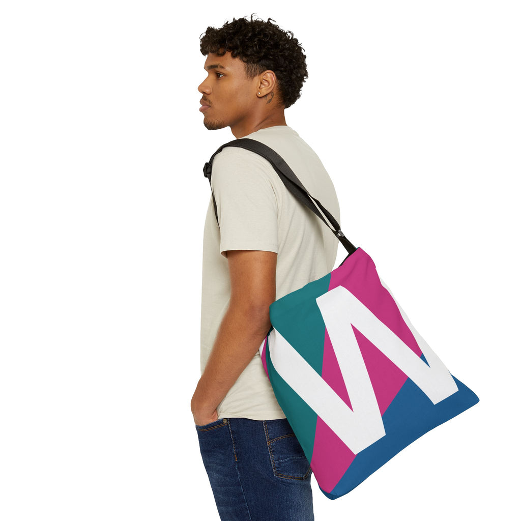 Initial Letter 'W' Colorblock Adjustable Tote Bag — Monogram Alphabet Shoulder Bag