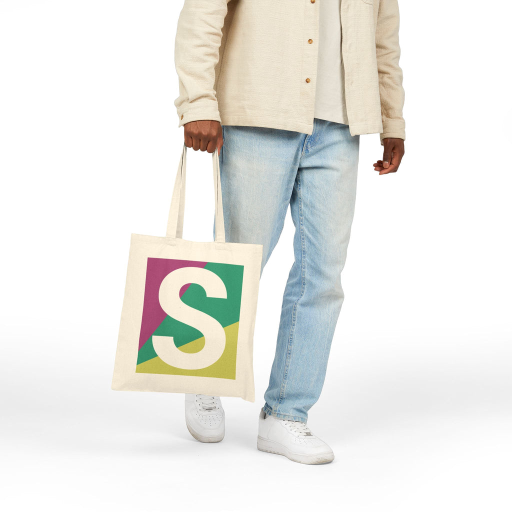 Initial S Colorblock Canvas Tote Bag — Monogram Letter S Reusable Grocery Tote