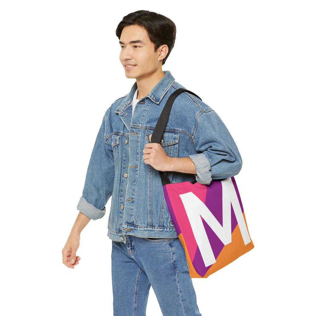 Initial Letter 'M' Colorblock Adjustable Tote Bag — Monogram Alphabet Shoulder Bag