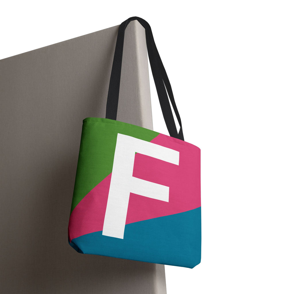 Monogram 'F' Colorblock Tote Bag — Personalized Initial F Shoulder Tote
