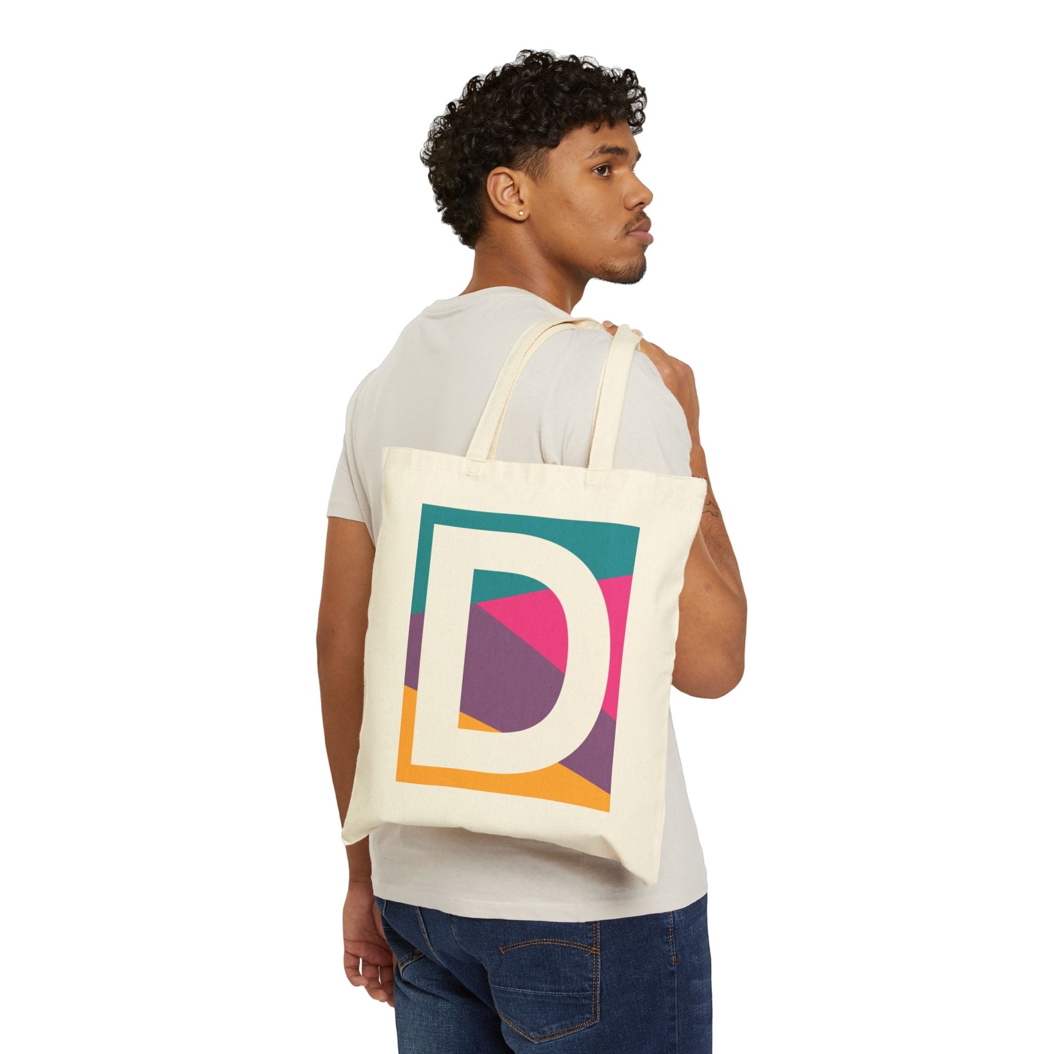 Initial D Colorblock Canvas Tote Bag — Monogram Letter D Reusable Grocery Tote