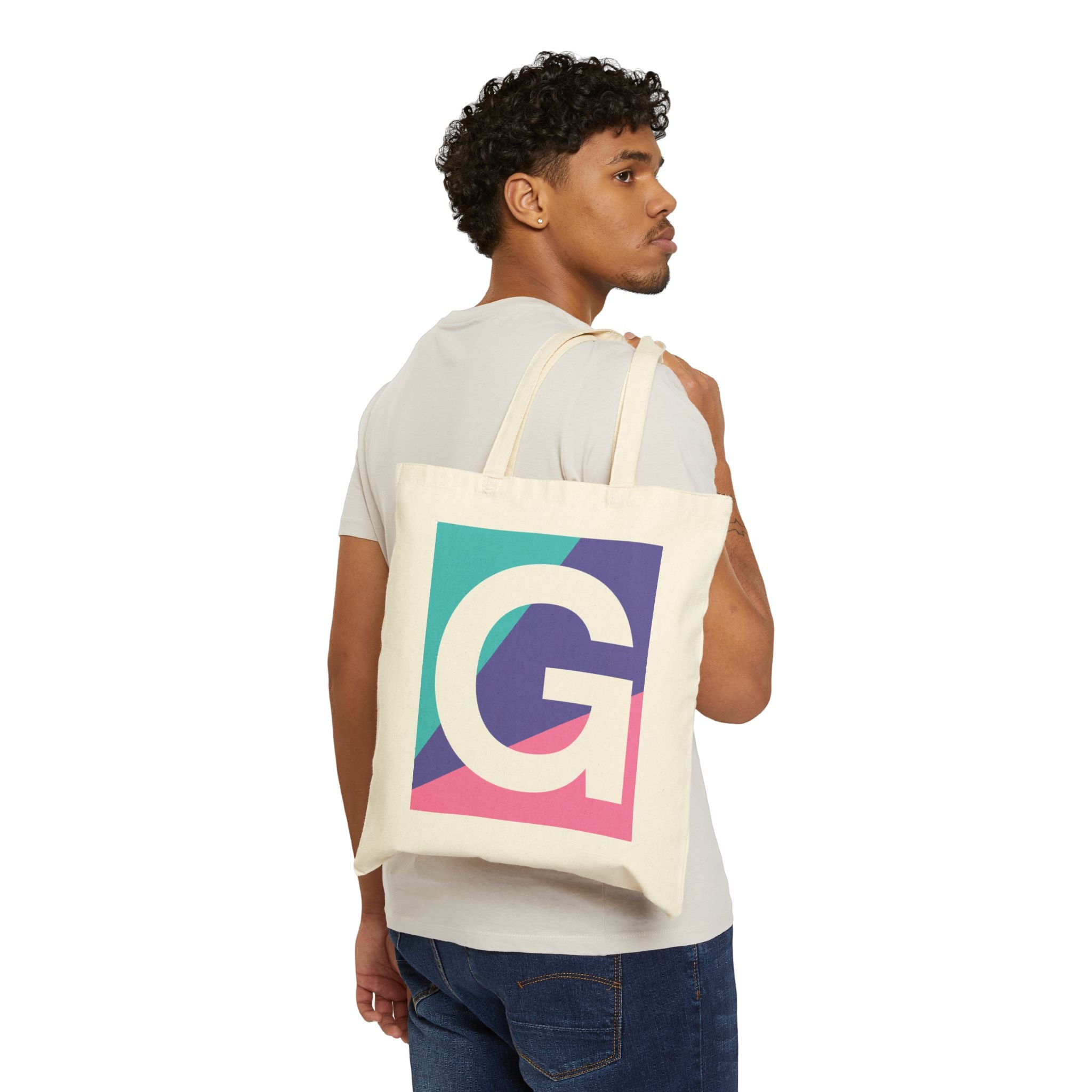 Initial G Colorblock Canvas Tote Bag — Monogram Letter G Reusable Grocery Tote