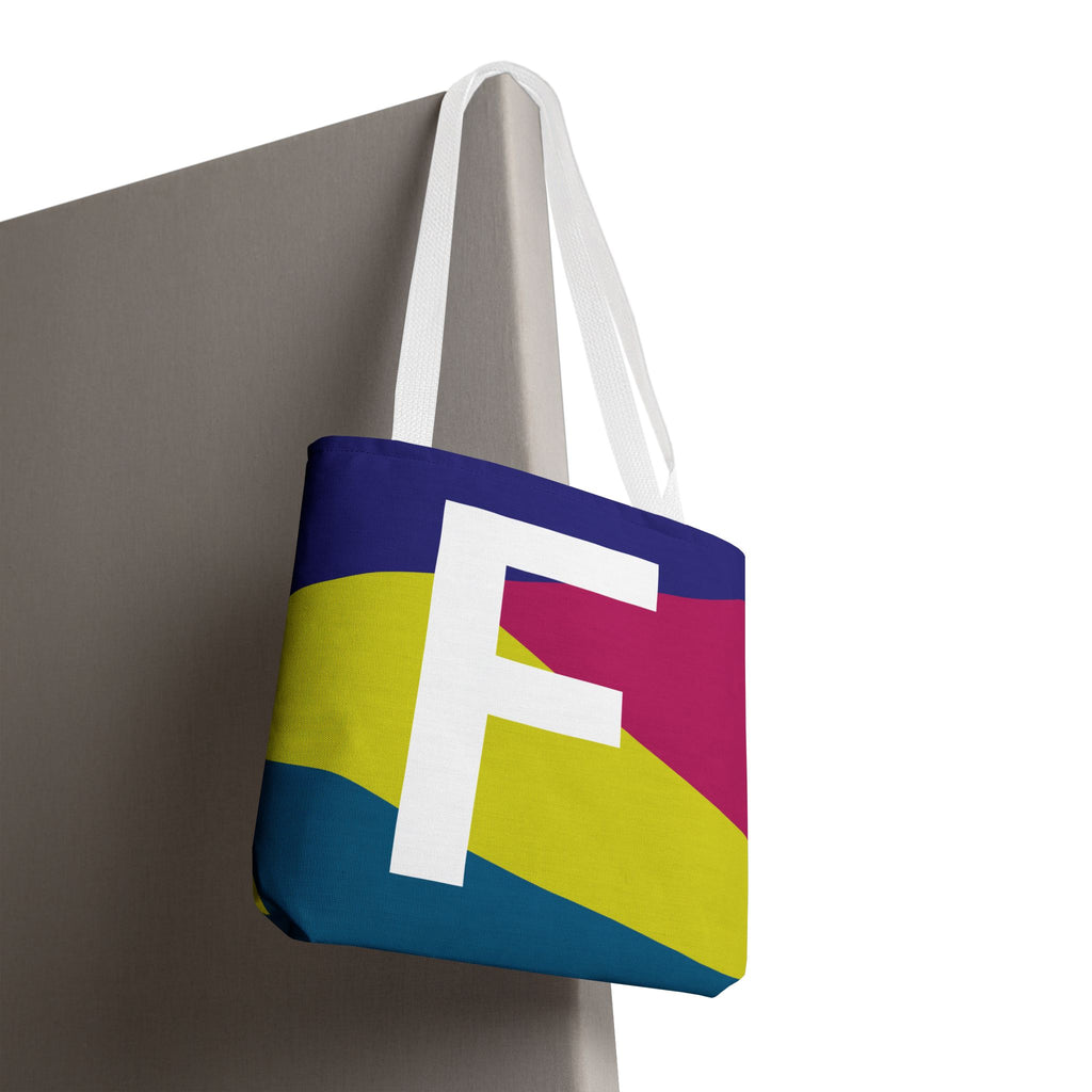 Monogram 'F' Colorblock Tote Bag — Personalized Initial F Shoulder Tote
