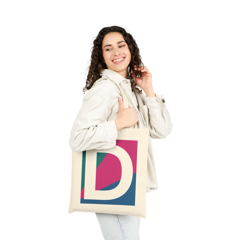 Initial D Colorblock Canvas Tote Bag — Monogram Letter D Reusable Grocery Tote