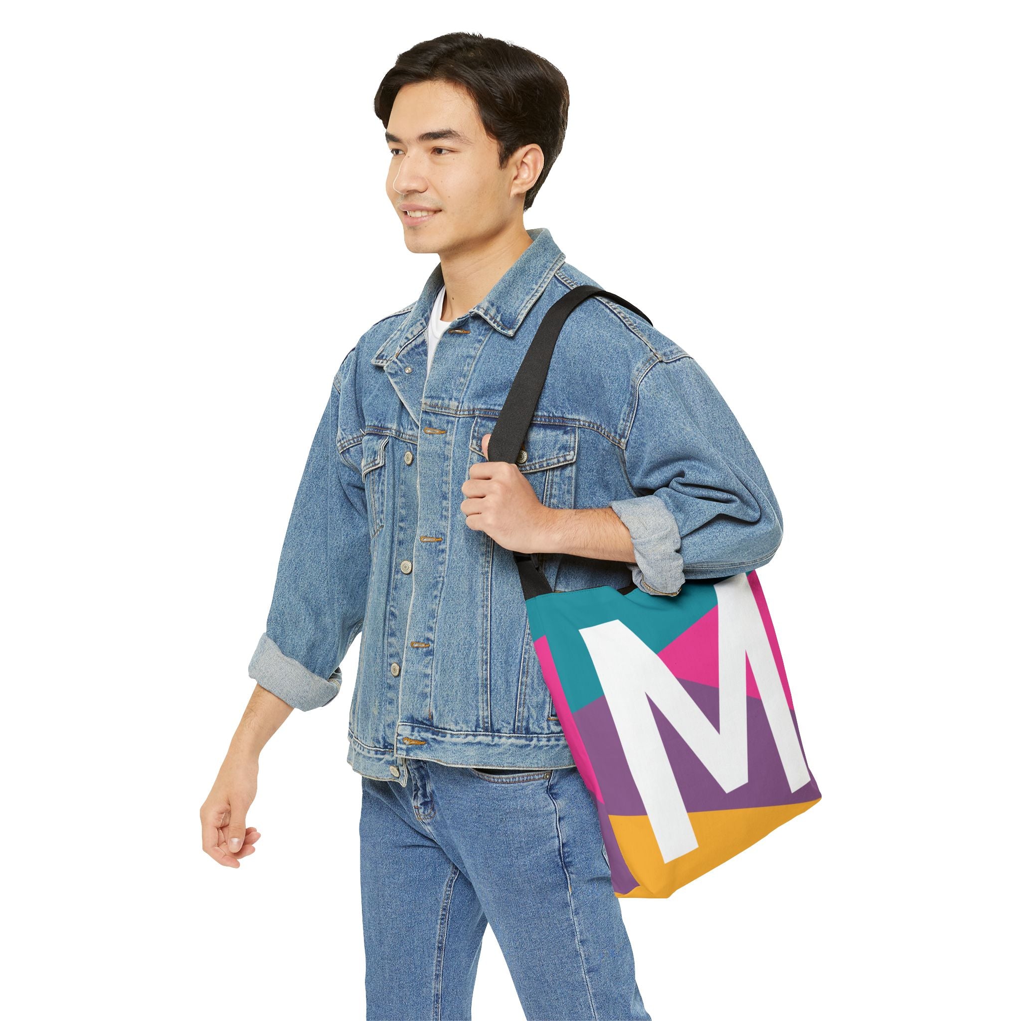 Initial Letter 'M' Colorblock Adjustable Tote Bag — Monogram Alphabet Shoulder Bag