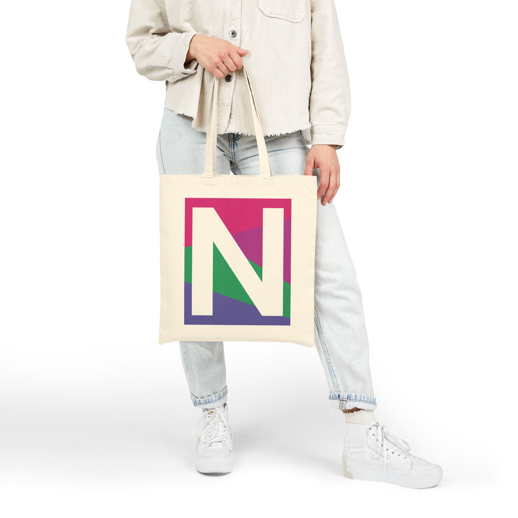 Initial N Colorblock Canvas Tote Bag — Monogram Letter N Reusable Grocery Tote