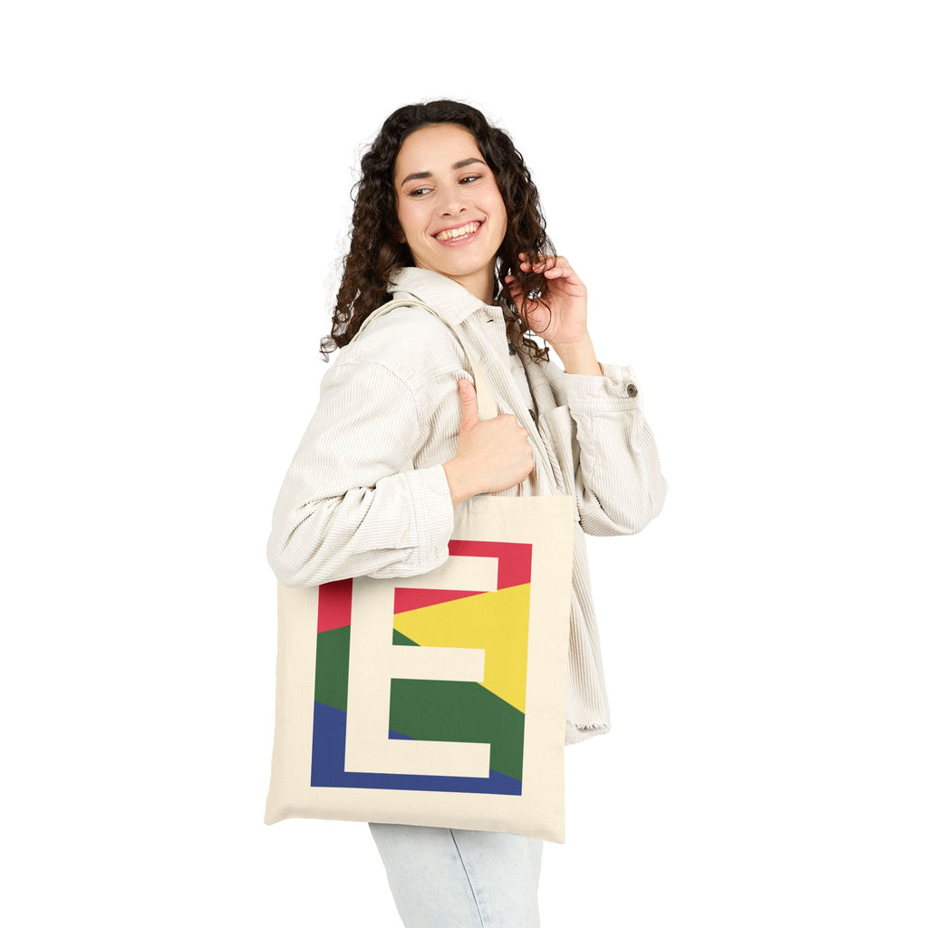 Initial E Colorblock Canvas Tote Bag — Monogram Letter E Reusable Grocery Tote