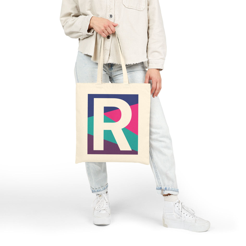 Initial R Colorblock Canvas Tote Bag — Monogram Letter R Reusable Grocery Tote