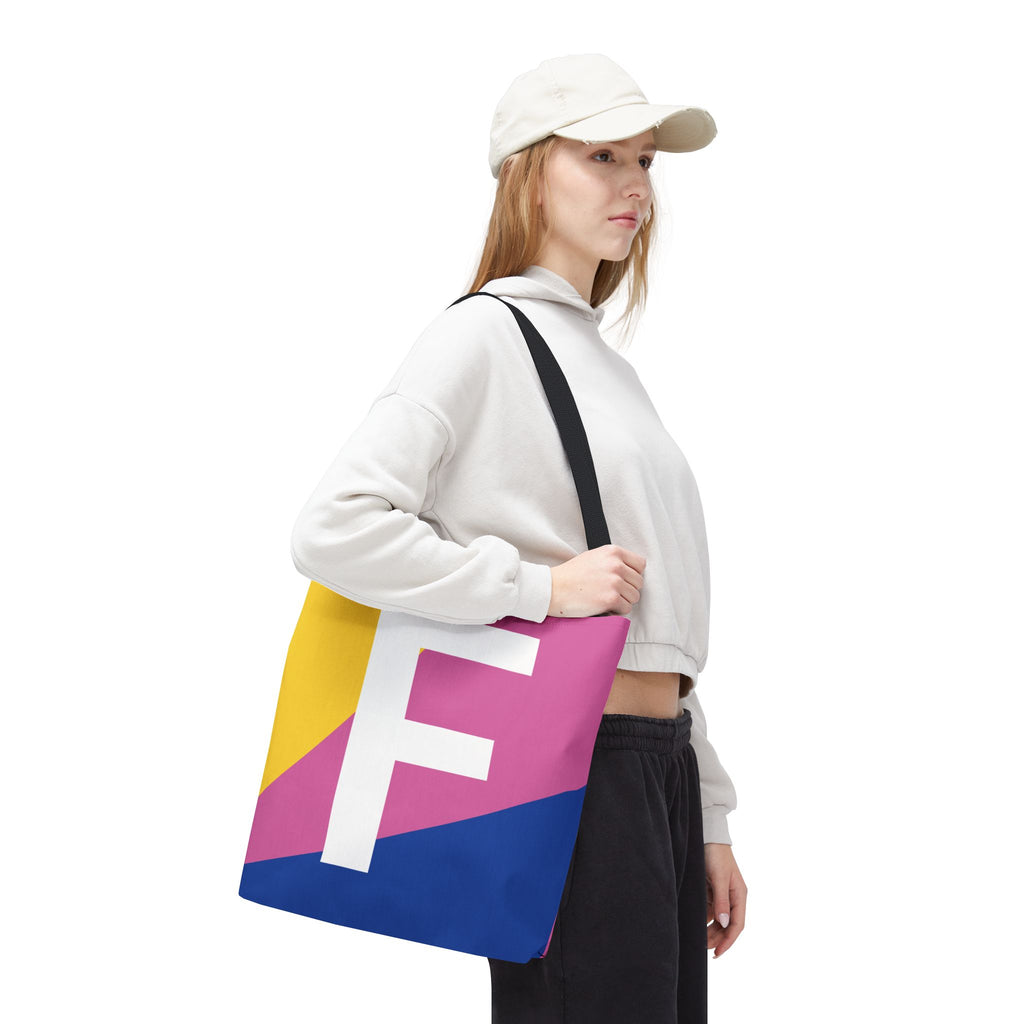 Monogram 'F' Colorblock Tote Bag — Personalized Initial F Shoulder Tote