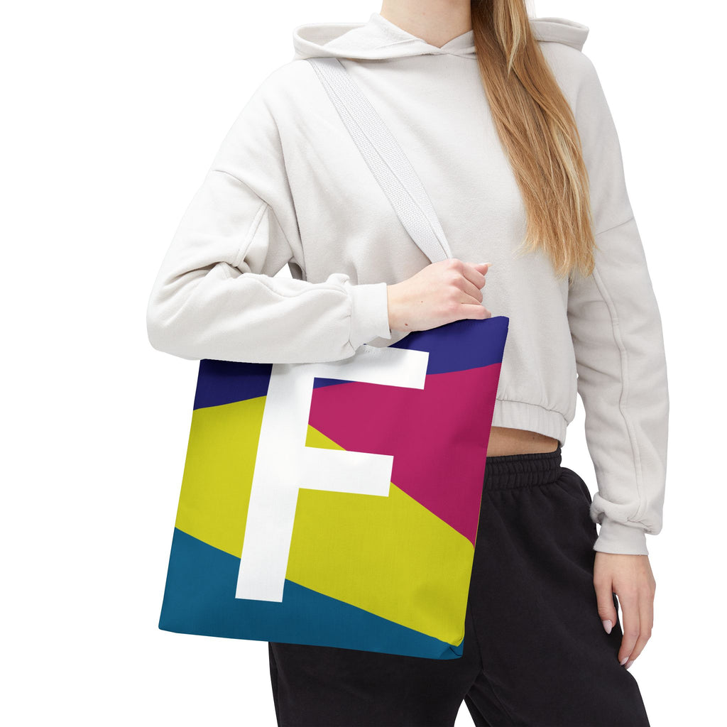 Monogram 'F' Colorblock Tote Bag — Personalized Initial F Shoulder Tote