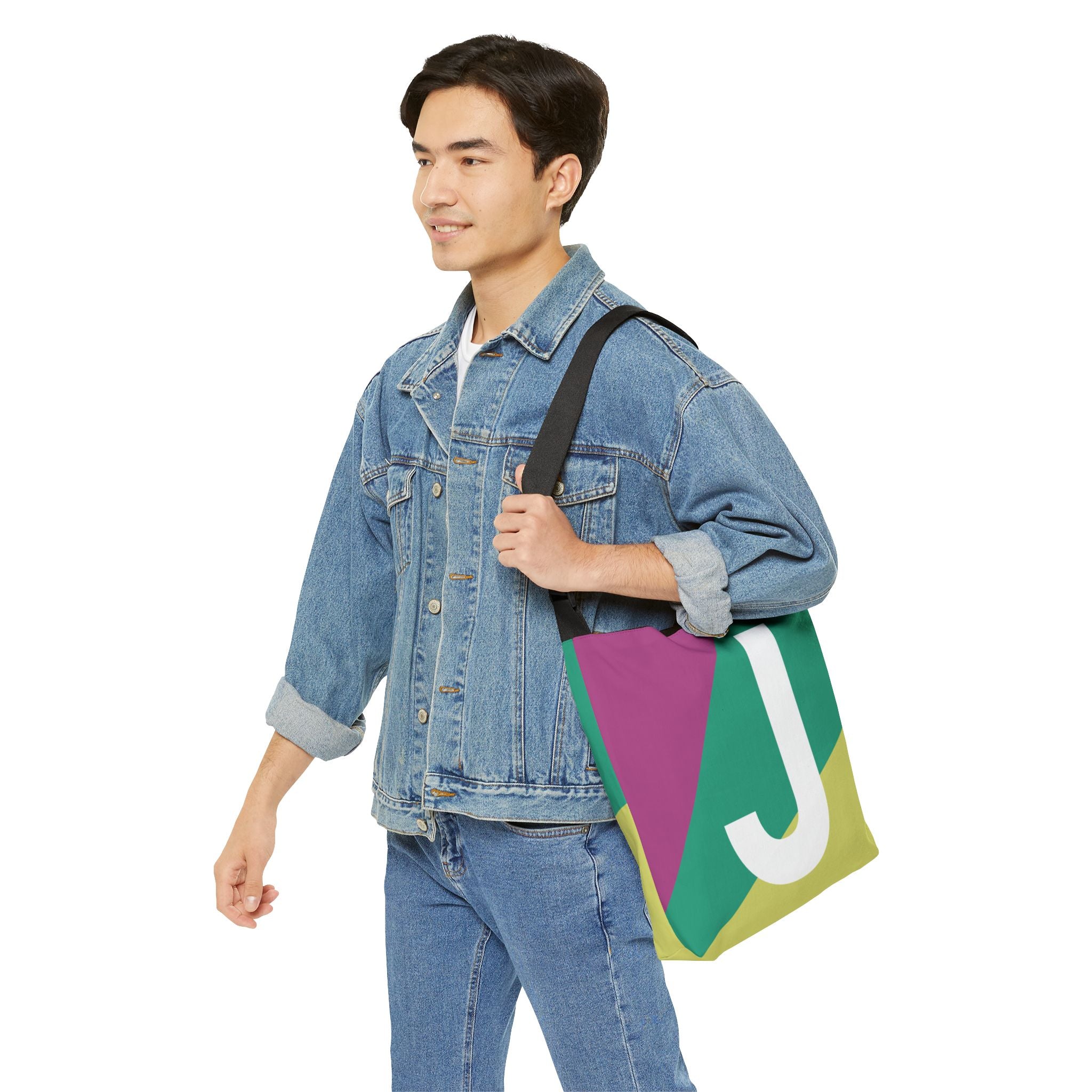 Initial Letter 'J' Colorblock Adjustable Tote Bag — Monogram Alphabet Shoulder Bag