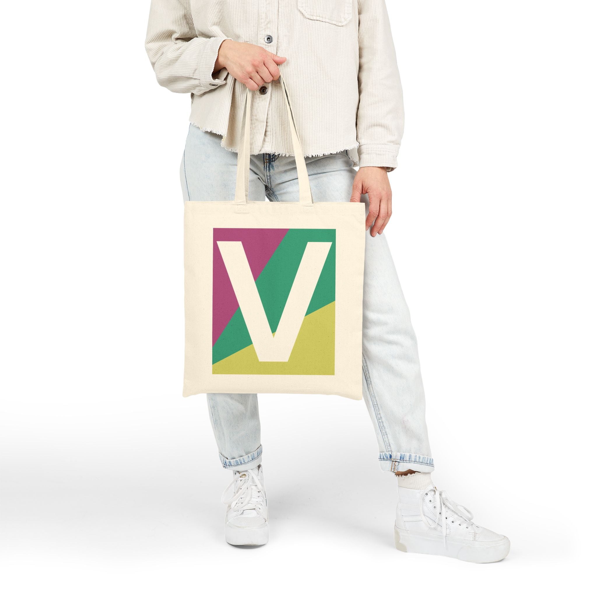 Initial V Colorblock Canvas Tote Bag — Monogram Letter V Reusable Grocery Tote