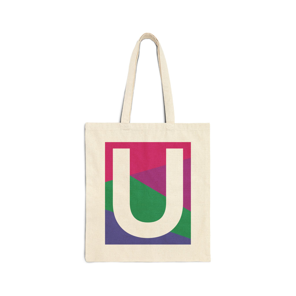 Initial U Colorblock Canvas Tote Bag — Monogram Letter U Reusable Grocery Tote