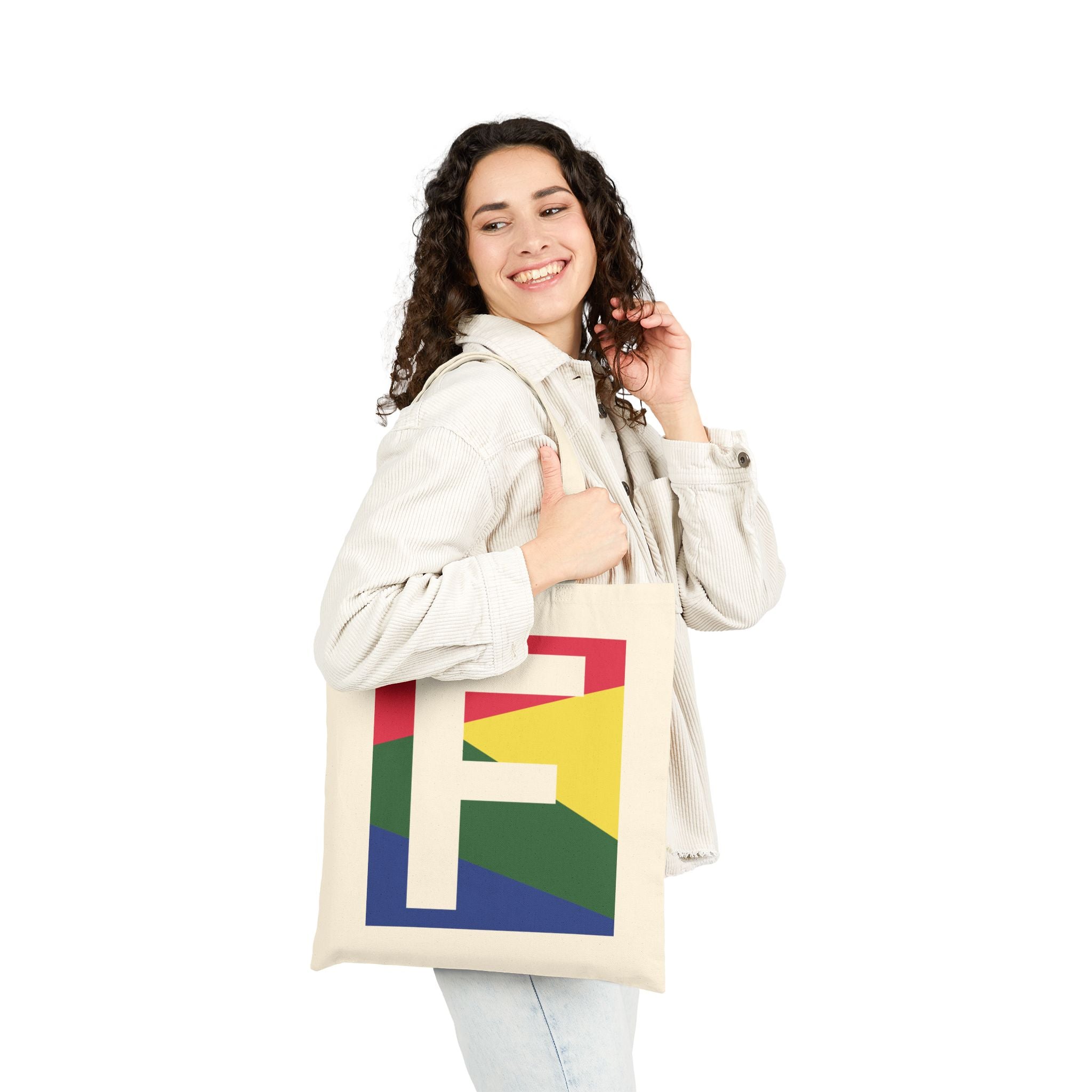 Initial F Colorblock Canvas Tote Bag — Monogram Letter F Reusable Grocery Tote
