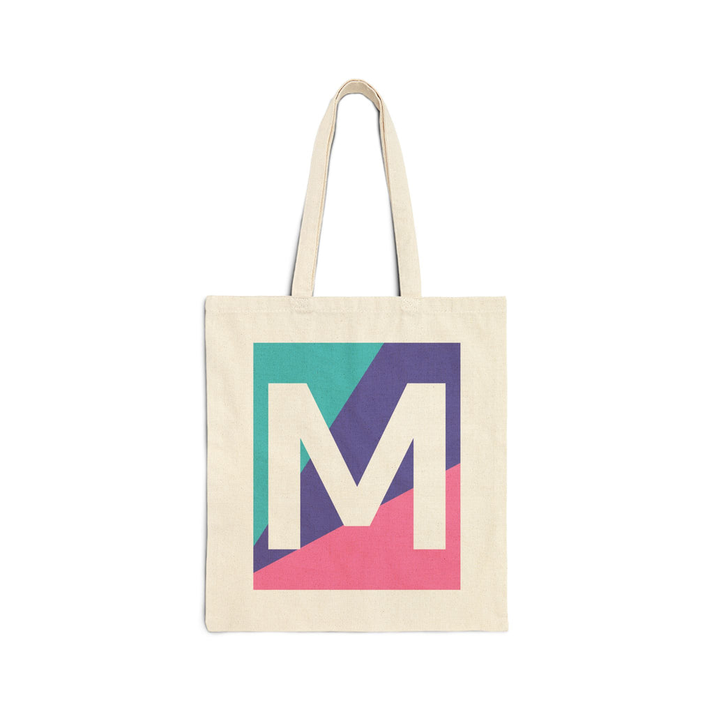 Initial M Colorblock Canvas Tote Bag — Monogram Letter M Reusable Grocery Tote