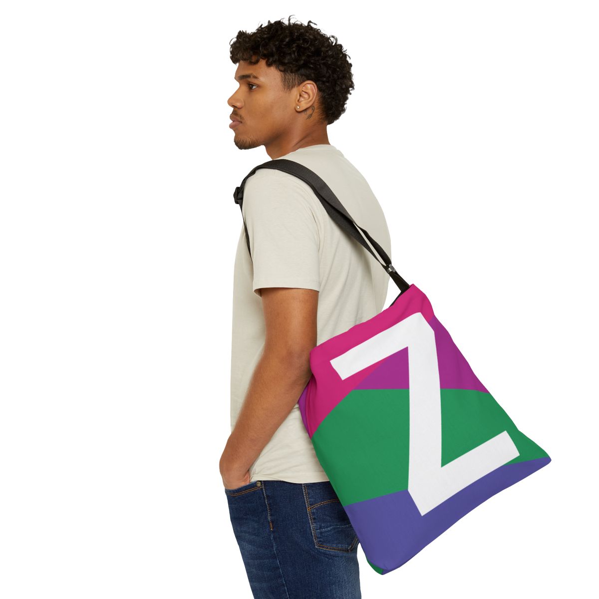 Initial Letter 'Z' Colorblock Adjustable Tote Bag — Monogram Alphabet Shoulder Bag