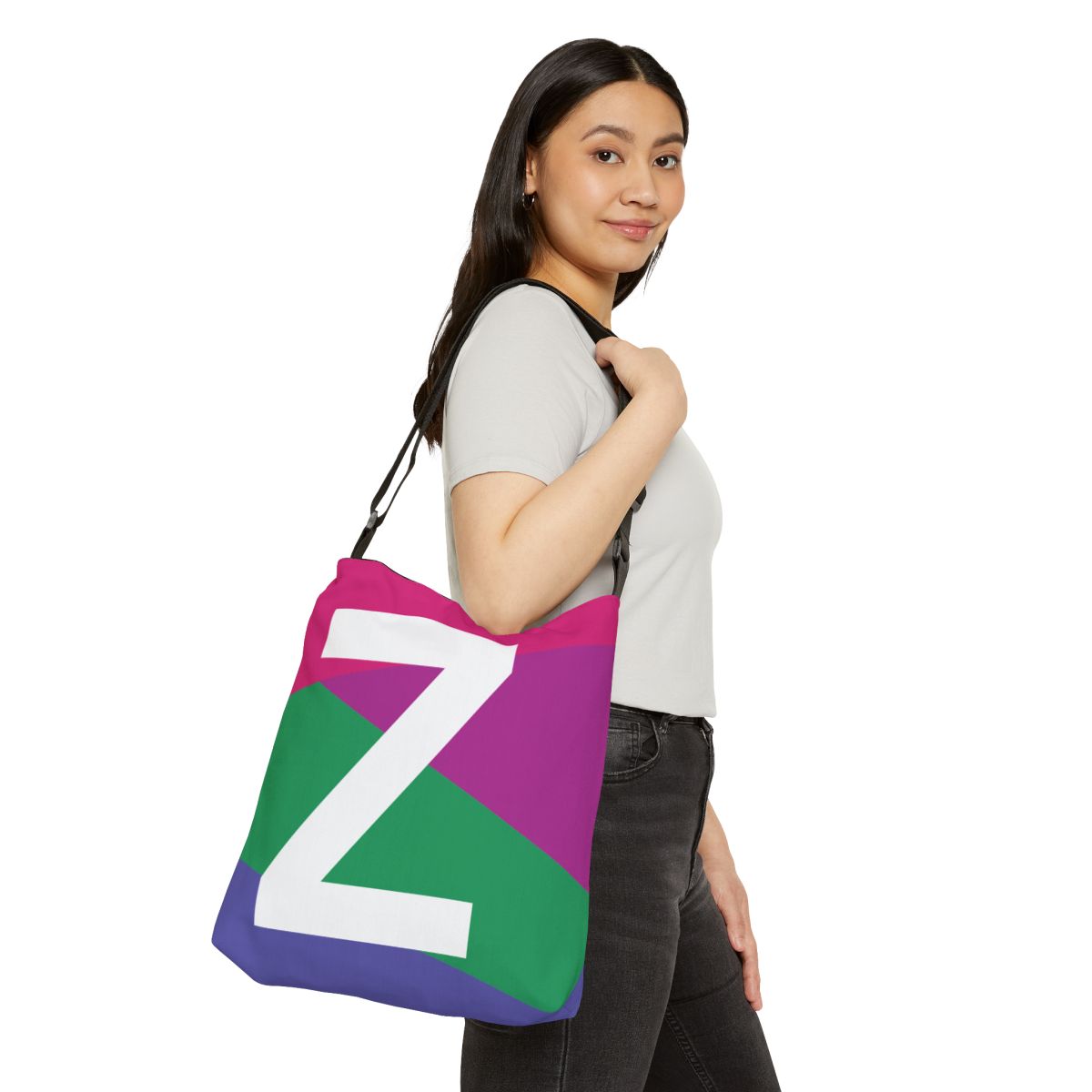 Initial Letter 'Z' Colorblock Adjustable Tote Bag — Monogram Alphabet Shoulder Bag